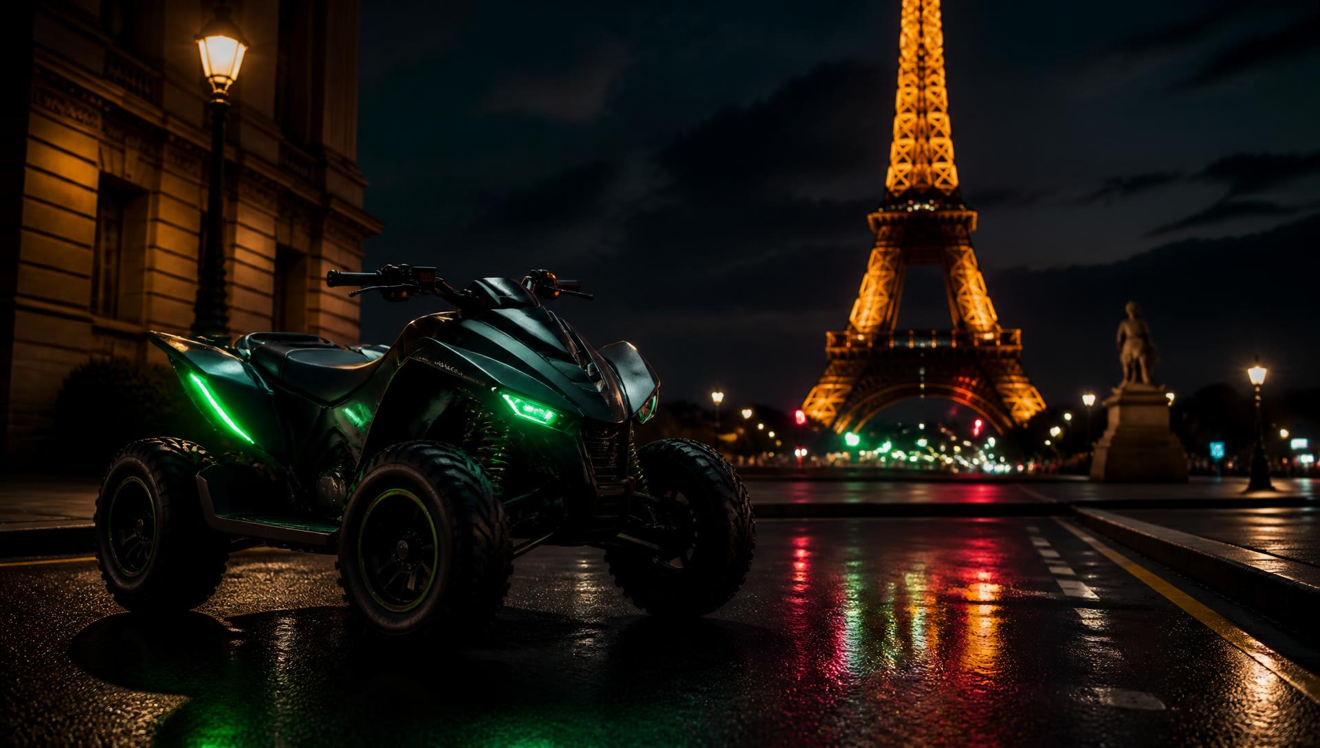 Quad électrique Green Quad Paris devant la Tour Eiffel de nuit